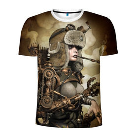 Мужская футболка 3D спортивная с принтом Девушка steampunk в Курске, 100% полиэстер с улучшенными характеристиками | приталенный силуэт, круглая горловина, широкие плечи, сужается к линии бедра | девушка steampunk | киберпанк | очки | шапка