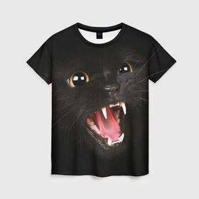 Женская футболка 3D с принтом Черный кот в Курске, 100% полиэфир ( синтетическое хлопкоподобное полотно) | прямой крой, круглый вырез горловины, длина до линии бедер | глаза | клыки | хищник | черный кон