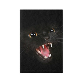 Обложка для паспорта матовая кожа с принтом Черный кот в Курске, натуральная матовая кожа | размер 19,3 х 13,7 см; прозрачные пластиковые крепления | Тематика изображения на принте: глаза | клыки | хищник | черный кон