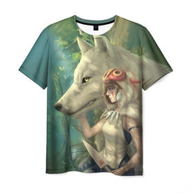 Мужская футболка 3D с принтом Принцесса и волк в Курске, 100% полиэфир | прямой крой, круглый вырез горловины, длина до линии бедер | волк | классика | лес | мононоке | фэнтези | хидео | хит