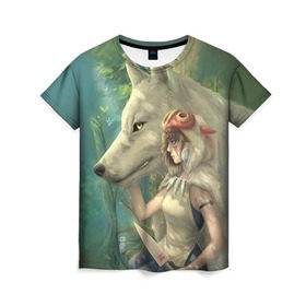 Женская футболка 3D с принтом Принцесса и волк в Курске, 100% полиэфир ( синтетическое хлопкоподобное полотно) | прямой крой, круглый вырез горловины, длина до линии бедер | волк | классика | лес | мононоке | фэнтези | хидео | хит