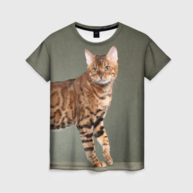 Женская футболка 3D с принтом Бенгальский кот в Курске, 100% полиэфир ( синтетическое хлопкоподобное полотно) | прямой крой, круглый вырез горловины, длина до линии бедер | бенгальский | домашняя | животное | кот | котэ | кошка