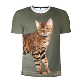 Мужская футболка 3D спортивная с принтом Бенгальский кот в Курске, 100% полиэстер с улучшенными характеристиками | приталенный силуэт, круглая горловина, широкие плечи, сужается к линии бедра | Тематика изображения на принте: бенгальский | домашняя | животное | кот | котэ | кошка