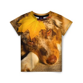 Детская футболка 3D с принтом Австралийская овчарка в Курске, 100% гипоаллергенный полиэфир | прямой крой, круглый вырез горловины, длина до линии бедер, чуть спущенное плечо, ткань немного тянется | австралийская овчарка | клён | осень | порода | собака