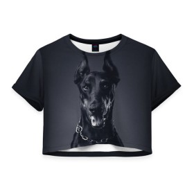 Женская футболка 3D укороченная с принтом Доберман в Курске, 100% полиэстер | круглая горловина, длина футболки до линии талии, рукава с отворотами | доберман | животное | порода | собака