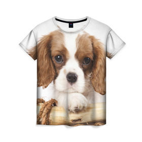 Женская футболка 3D с принтом Кинг чарльз спаниель в Курске, 100% полиэфир ( синтетическое хлопкоподобное полотно) | прямой крой, круглый вырез горловины, длина до линии бедер | животное | кинг чарльз спаниель | порода | собака