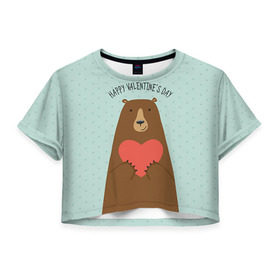 Женская футболка 3D укороченная с принтом Медведь с сердцем в Курске, 100% полиэстер | круглая горловина, длина футболки до линии талии, рукава с отворотами | 14 февраля | bears | love | love you | валентин | влюбленные | день святого валентина | лав | любовь | медведб | медведи | мишки | подарок девушке | подарок парню