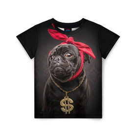 Детская футболка 3D с принтом Мопс в Курске, 100% гипоаллергенный полиэфир | прямой крой, круглый вырез горловины, длина до линии бедер, чуть спущенное плечо, ткань немного тянется | доллар | животное | золото | мопс | порода | собака