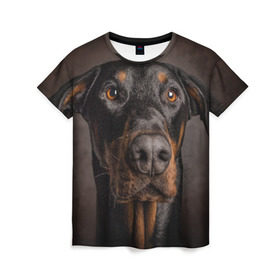 Женская футболка 3D с принтом Доберман в Курске, 100% полиэфир ( синтетическое хлопкоподобное полотно) | прямой крой, круглый вырез горловины, длина до линии бедер | доберман | животное | порода | собака