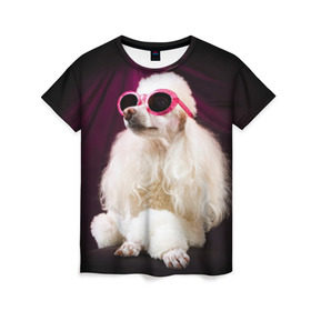 Женская футболка 3D с принтом Пудель в очках в Курске, 100% полиэфир ( синтетическое хлопкоподобное полотно) | прямой крой, круглый вырез горловины, длина до линии бедер | животное | порода | пудель в очках | собака