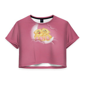 Женская футболка 3D укороченная с принтом Мишки в облаках в Курске, 100% полиэстер | круглая горловина, длина футболки до линии талии, рукава с отворотами | 14 февраля | bears | teddy | валентин | день святого валентина | игрушки | медведи | милый | мимими | мишка | мишки | подарки | подарок | подарок девушке | подарок парню | тедди