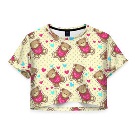 Женская футболка 3D укороченная с принтом Мишки в Курске, 100% полиэстер | круглая горловина, длина футболки до линии талии, рукава с отворотами | 14 февраля | bears | teddy | валентин | день святого валентина | игрушки | медведи | милый | мимими | мишка | мишки | подарки | подарок | подарок девушке | подарок парню | тедди