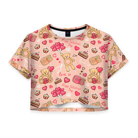 Женская футболка 3D укороченная с принтом Медвежата в Курске, 100% полиэстер | круглая горловина, длина футболки до линии талии, рукава с отворотами | 14 февраля | bears | teddy | валентин | день святого валентина | игрушки | медведи | милый | мимими | мишка | мишки | подарки | подарок | подарок девушке | подарок парню | тедди