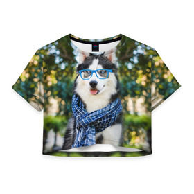 Женская футболка 3D укороченная с принтом Хаски в Курске, 100% полиэстер | круглая горловина, длина футболки до линии талии, рукава с отворотами | животное | порода | собака | хаски