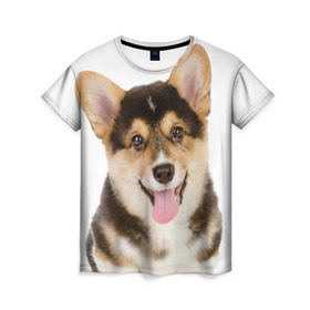 Женская футболка 3D с принтом Пемброк-вельш-корги в Курске, 100% полиэфир ( синтетическое хлопкоподобное полотно) | прямой крой, круглый вырез горловины, длина до линии бедер | животное | пемброк вельш корги | порода | собака