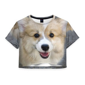 Женская футболка 3D укороченная с принтом Пемброк-вельш-корги, собака, п в Курске, 100% полиэстер | круглая горловина, длина футболки до линии талии, рукава с отворотами | животное | пемброк вельш корги | порода | собака