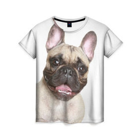 Женская футболка 3D с принтом Французский бульдог в Курске, 100% полиэфир ( синтетическое хлопкоподобное полотно) | прямой крой, круглый вырез горловины, длина до линии бедер | животное | порода | собака | французский бульдог