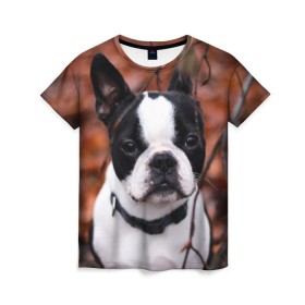 Женская футболка 3D с принтом Бостон Терьер в Курске, 100% полиэфир ( синтетическое хлопкоподобное полотно) | прямой крой, круглый вырез горловины, длина до линии бедер | Тематика изображения на принте: животное | порода | собака | французский бульдог