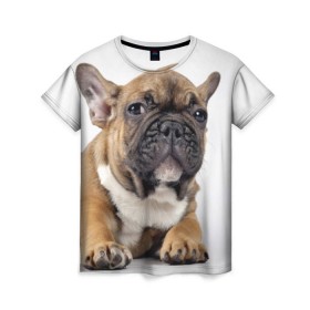 Женская футболка 3D с принтом Французский бульдог в Курске, 100% полиэфир ( синтетическое хлопкоподобное полотно) | прямой крой, круглый вырез горловины, длина до линии бедер | животное | порода | собака | французский бульдог