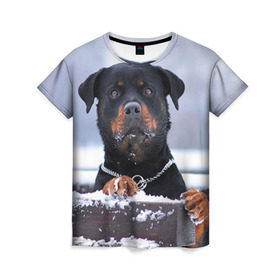 Женская футболка 3D с принтом Ротвейлер в Курске, 100% полиэфир ( синтетическое хлопкоподобное полотно) | прямой крой, круглый вырез горловины, длина до линии бедер | животное | порода | ротвейлер | собака