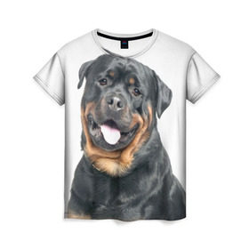 Женская футболка 3D с принтом Ротвейлер в Курске, 100% полиэфир ( синтетическое хлопкоподобное полотно) | прямой крой, круглый вырез горловины, длина до линии бедер | животное | порода | ротвейлер | собака