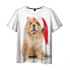Мужская футболка 3D с принтом Чау-чау в Курске, 100% полиэфир | прямой крой, круглый вырез горловины, длина до линии бедер | новый год | санта клаус | собака | чау чау