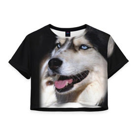 Женская футболка 3D укороченная с принтом Хаски в Курске, 100% полиэстер | круглая горловина, длина футболки до линии талии, рукава с отворотами | животное | порода | собака | хаски
