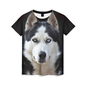 Женская футболка 3D с принтом Хаски в Курске, 100% полиэфир ( синтетическое хлопкоподобное полотно) | прямой крой, круглый вырез горловины, длина до линии бедер | бандит | животное | порода | собака | хаски | хаски бандит