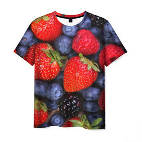 Мужская футболка 3D с принтом Berries в Курске, 100% полиэфир | прямой крой, круглый вырез горловины, длина до линии бедер | strawberry | vegan | vegetarian | веган | вегетарианство | земляника | йога | клубника | фитнес | черника | ягода