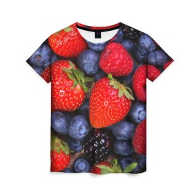 Женская футболка 3D с принтом Berries в Курске, 100% полиэфир ( синтетическое хлопкоподобное полотно) | прямой крой, круглый вырез горловины, длина до линии бедер | strawberry | vegan | vegetarian | веган | вегетарианство | земляника | йога | клубника | фитнес | черника | ягода