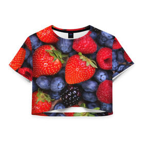 Женская футболка 3D укороченная с принтом Berries в Курске, 100% полиэстер | круглая горловина, длина футболки до линии талии, рукава с отворотами | strawberry | vegan | vegetarian | веган | вегетарианство | земляника | йога | клубника | фитнес | черника | ягода