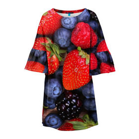 Детское платье 3D с принтом Berries в Курске, 100% полиэстер | прямой силуэт, чуть расширенный к низу. Круглая горловина, на рукавах — воланы | strawberry | vegan | vegetarian | веган | вегетарианство | земляника | йога | клубника | фитнес | черника | ягода
