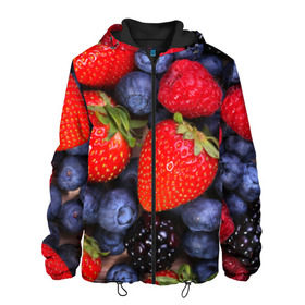 Мужская куртка 3D с принтом Berries в Курске, ткань верха — 100% полиэстер, подклад — флис | прямой крой, подол и капюшон оформлены резинкой с фиксаторами, два кармана без застежек по бокам, один большой потайной карман на груди. Карман на груди застегивается на липучку | Тематика изображения на принте: strawberry | vegan | vegetarian | веган | вегетарианство | земляника | йога | клубника | фитнес | черника | ягода