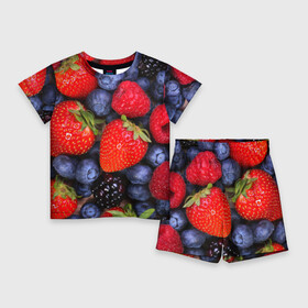 Детский костюм с шортами 3D с принтом Berries в Курске,  |  | Тематика изображения на принте: strawberry | vegan | vegetarian | веган | вегетарианство | земляника | йога | клубника | фитнес | черника | ягода