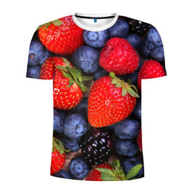 Мужская футболка 3D спортивная с принтом Berries в Курске, 100% полиэстер с улучшенными характеристиками | приталенный силуэт, круглая горловина, широкие плечи, сужается к линии бедра | Тематика изображения на принте: strawberry | vegan | vegetarian | веган | вегетарианство | земляника | йога | клубника | фитнес | черника | ягода