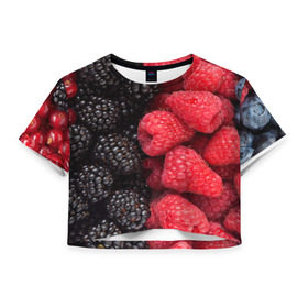 Женская футболка 3D укороченная с принтом Ягодная в Курске, 100% полиэстер | круглая горловина, длина футболки до линии талии, рукава с отворотами | strawberry | vegan | vegetarian | будизм | веган | вегетарианство | земляника | йога | клубника | клюква | фитнес | черника | ягода