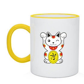 Кружка двухцветная с принтом Японский котик в Курске, керамика | объем — 330 мл, диаметр — 80 мм. Цветная ручка и кайма сверху, в некоторых цветах — вся внутренняя часть | иероглиф | кот | япония