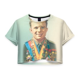 Женская футболка 3D укороченная с принтом Гагарин 2 в Курске, 100% полиэстер | круглая горловина, длина футболки до линии талии, рукава с отворотами | гагарин | космос | космос наш | поехали | ретро | ссср | юрий гагарин