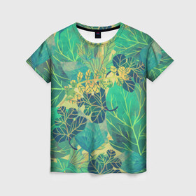 Женская футболка 3D с принтом Узор из листьев в Курске, 100% полиэфир ( синтетическое хлопкоподобное полотно) | прямой крой, круглый вырез горловины, длина до линии бедер | зелень | лето | листья | мозаика | узор