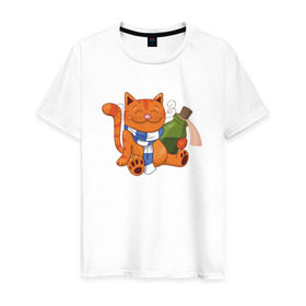 Мужская футболка хлопок с принтом Довольный кот с бутылкой в Курске, 100% хлопок | прямой крой, круглый вырез горловины, длина до линии бедер, слегка спущенное плечо. | 