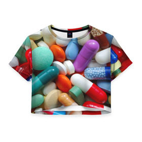 Женская футболка 3D укороченная с принтом Pills в Курске, 100% полиэстер | круглая горловина, длина футболки до линии талии, рукава с отворотами | пилюли | флу