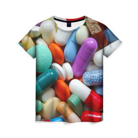 Женская футболка 3D с принтом Pills в Курске, 100% полиэфир ( синтетическое хлопкоподобное полотно) | прямой крой, круглый вырез горловины, длина до линии бедер | пилюли | флу