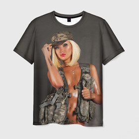 Мужская футболка 3D с принтом Девушка в форме в Курске, 100% полиэфир | прямой крой, круглый вырез горловины, длина до линии бедер | Тематика изображения на принте: армия | девушка воин | камуфляж | оружие