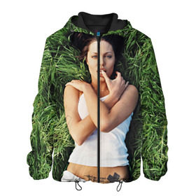 Мужская куртка 3D с принтом Джоли Анджелина в Курске, ткань верха — 100% полиэстер, подклад — флис | прямой крой, подол и капюшон оформлены резинкой с фиксаторами, два кармана без застежек по бокам, один большой потайной карман на груди. Карман на груди застегивается на липучку | Тематика изображения на принте: анджелина | девушка | джоли | лежит | тату