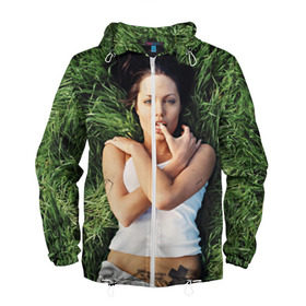 Мужская ветровка 3D с принтом Джоли Анджелина в Курске, 100% полиэстер | подол и капюшон оформлены резинкой с фиксаторами, два кармана без застежек по бокам, один потайной карман на груди | Тематика изображения на принте: анджелина | девушка | джоли | лежит | тату
