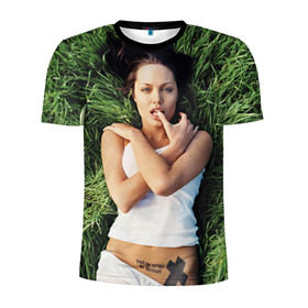 Мужская футболка 3D спортивная с принтом Джоли Анджелина в Курске, 100% полиэстер с улучшенными характеристиками | приталенный силуэт, круглая горловина, широкие плечи, сужается к линии бедра | Тематика изображения на принте: анджелина | девушка | джоли | лежит | тату