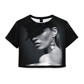 Женская футболка 3D укороченная с принтом Девушка в шляпе в Курске, 100% полиэстер | круглая горловина, длина футболки до линии талии, рукава с отворотами | бриллиант | девушка | красивая | серьга | шляпа