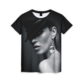 Женская футболка 3D с принтом Девушка в шляпе в Курске, 100% полиэфир ( синтетическое хлопкоподобное полотно) | прямой крой, круглый вырез горловины, длина до линии бедер | бриллиант | девушка | красивая | серьга | шляпа
