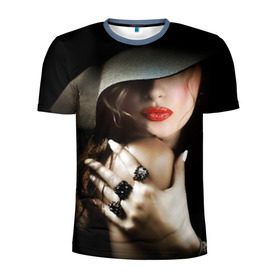 Мужская футболка 3D спортивная с принтом Загадочная девушка в Курске, 100% полиэстер с улучшенными характеристиками | приталенный силуэт, круглая горловина, широкие плечи, сужается к линии бедра | губы | девушка | загадочная | перстни | шляпа