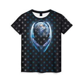Женская футболка 3D с принтом Alien в Курске, 100% полиэфир ( синтетическое хлопкоподобное полотно) | прямой крой, круглый вырез горловины, длина до линии бедер | alien | гуманоид | звезды | инопланетянин | космос